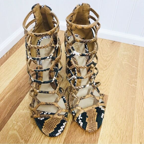 SCHUTZ Juliana Leather Caged Block Heel Sandal Snake Embossed Tan Black Size 7.5 - Picture 3 of 14